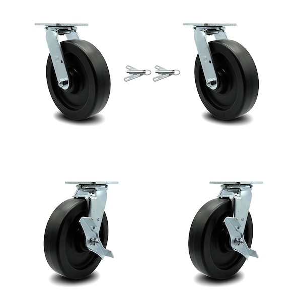 8 Inch Polyolefin Caster Set with Ball Bearings 2 Swivel Lock 2 Brake SCC